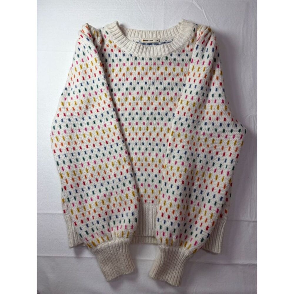 Marine Layer Rainbow Dot Alpaca Wool Blend Puff Sleeve Sweater Cream Medium